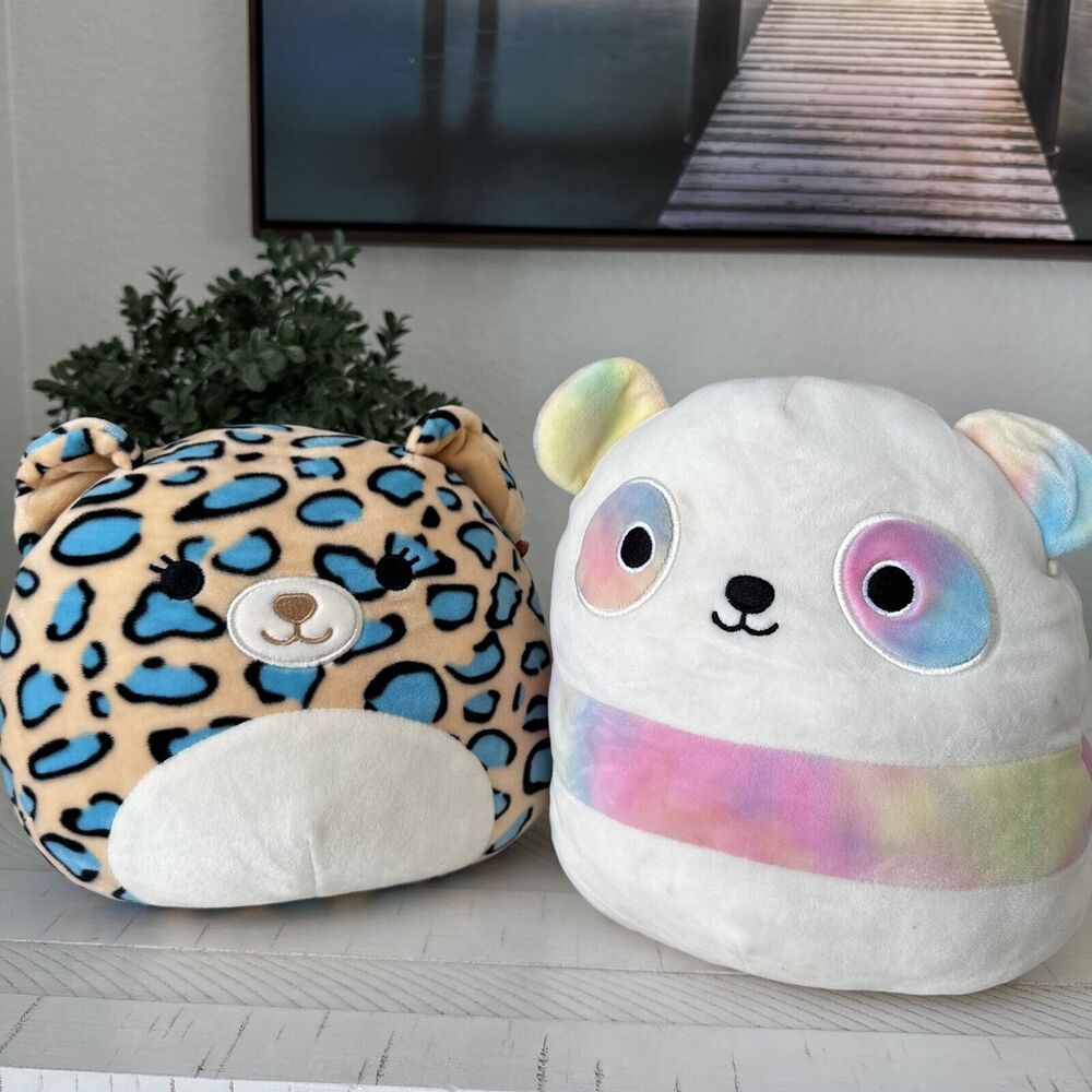 Kellytoy Squishmallows Plush Stuffed Animal Lot Leopard Blue,‎ Panda Pearson